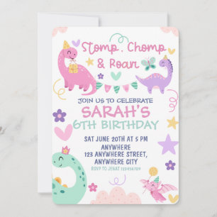 Stomp Chomp Roar Pastel Dinosaur Birthday Party Invitation