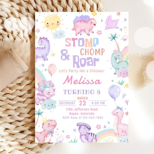 Stomp Chomp  Roar Pink Dinosaur Girl Birthday Invitation