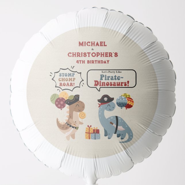 Stomp Chomp Roar Pirate Dinosaur Twin Boy Birthday Balloon (Front)