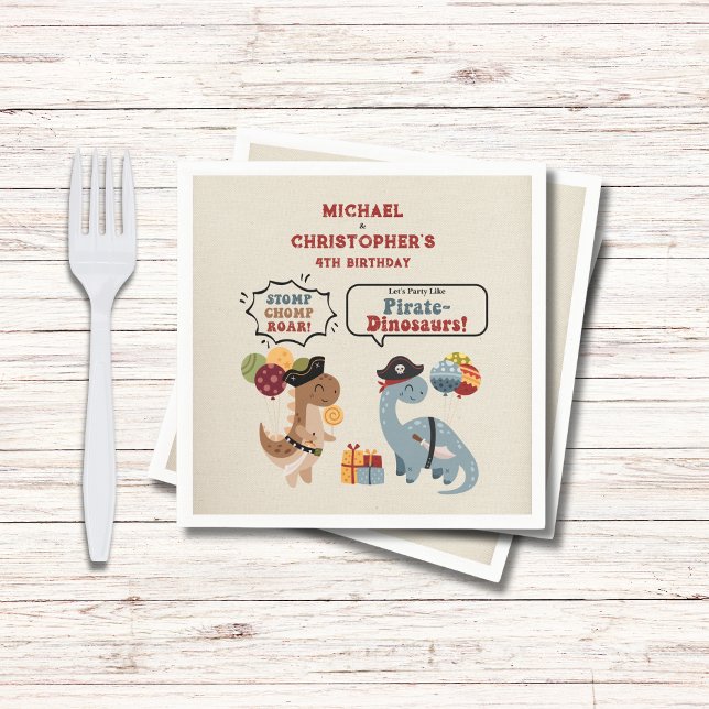 Stomp Chomp Roar Pirate Dinosaur Twin Boy Birthday Napkins (Your twin boys will Chomp Stomp Roar with these pirate dinosaurs as they celebrate their birrthday.)