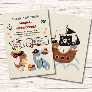 Stomp Chomp Roar Pirate Dinosaur Twin Boy Birthday Thank You Card