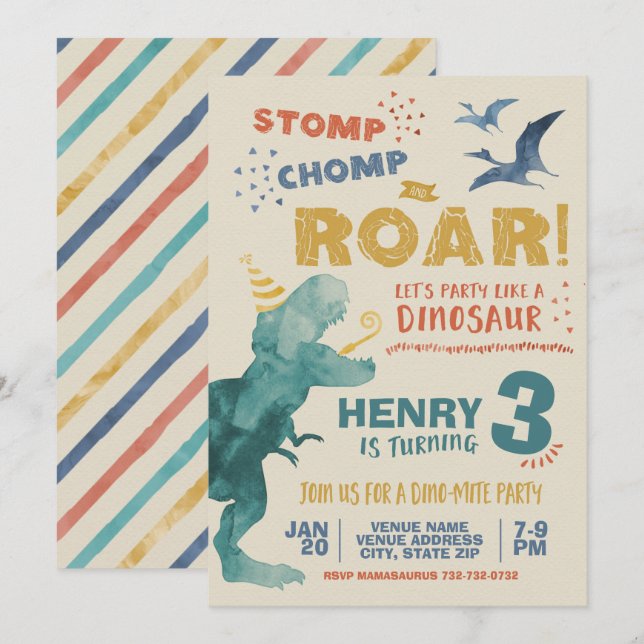 Stomp Chomp Roar Watercolor Dinosaur Birthday Invitation (Front/Back)