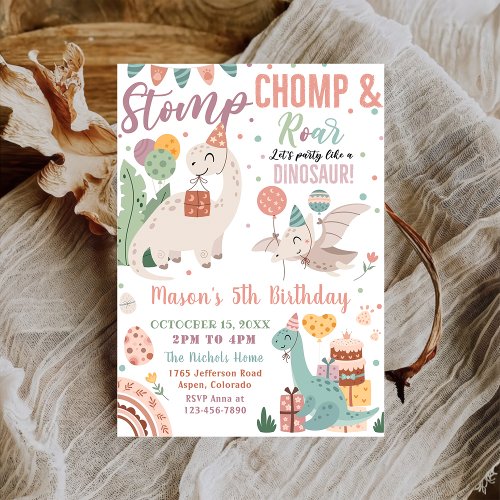 Stomp Chomp  Roar Watercolor Dinosaurs Birthday Invitation