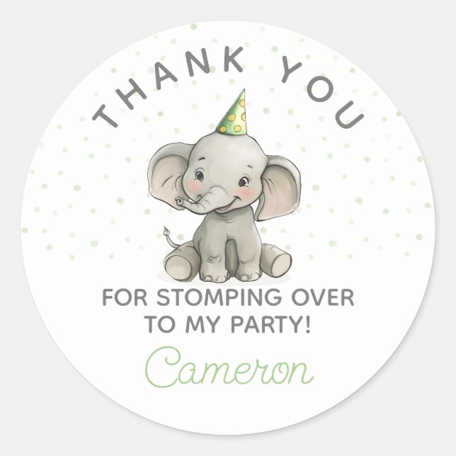 Stomp on Over, Cute Elephant kids birthday Classic Round Sticker (Front)