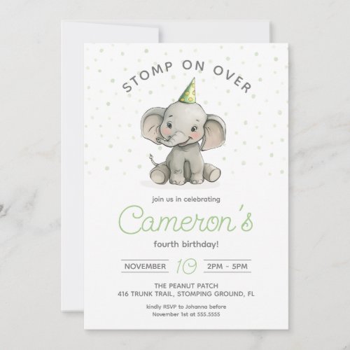 Stomp on Over Cute Elephant kids birthday  Invitation