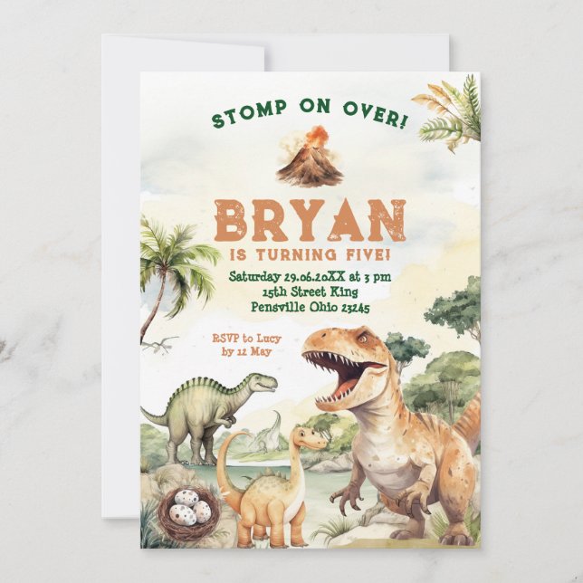 Stomp On Over Dino Boy Dinosaur Birthday Party Invitation (Front)