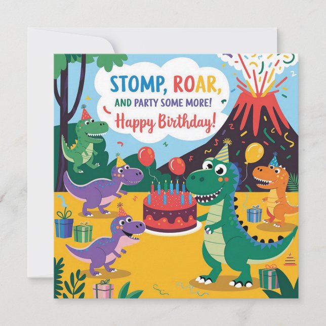 "Stomp, Roar & Party Some More- Dino Kids Design Card (Front)