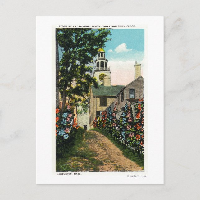 Stone Alley View of South Tower and Town Clock Postcard (Front)