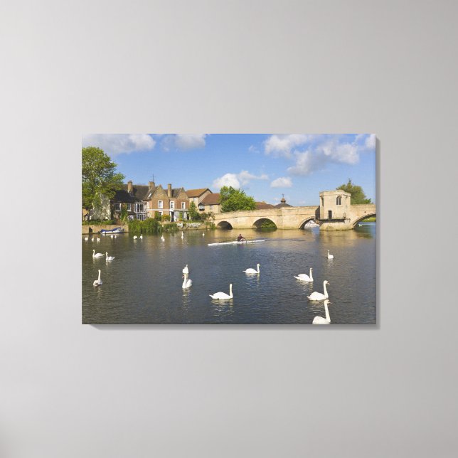 Stone arched bridge and River Ouse, St Ives, Canvas Print (Front)