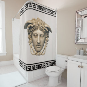 Stone Beige Medusa Greek Key Designer Shower Curtain