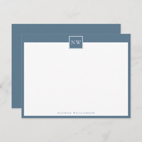 Stone Blue Monogram Single Broad Border Note Card