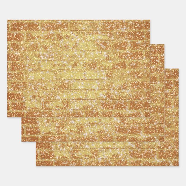 Stone Brick Texture Gold Glitter Decoupage Wrapping Paper Sheets (Set)