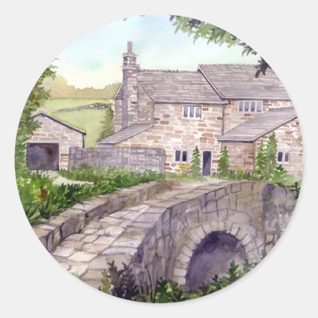 Stone Bridge Watercolor Painting Classic Round Sticker (Front)