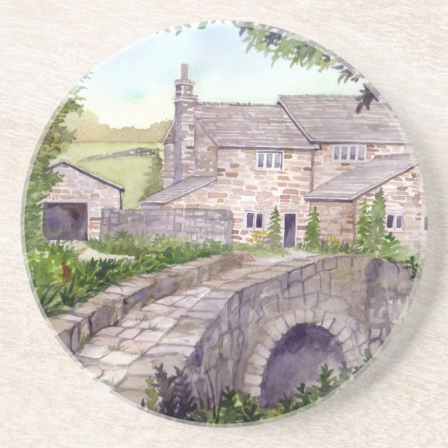 Stone Bridge Watercolor Painting Drink Coaster (Front)