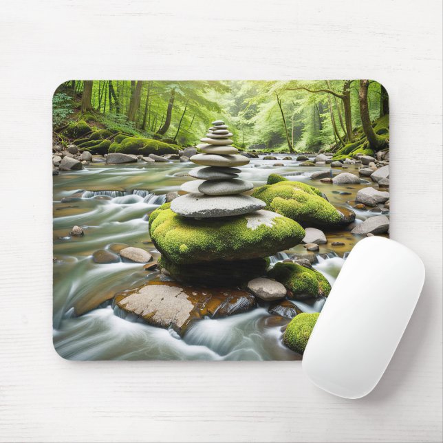 Stone Cairn In a River Mouse Pad (With Mouse)