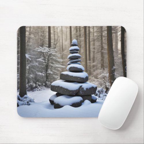 Stone Cairn In Winter Woods Mouse Pad