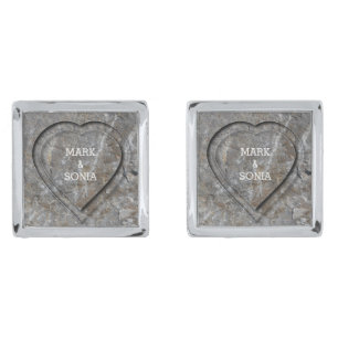 Stone carved heart Bride and Groom Silver Cufflinks