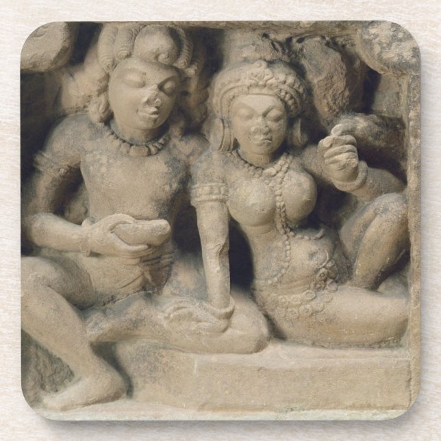 Stone carving of lovers enjoying a dance performan beverage coaster (Front)