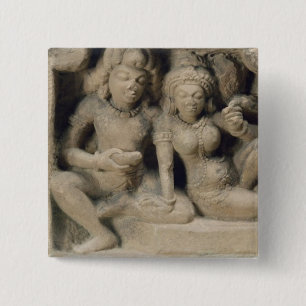 Stone carving of lovers enjoying a dance performan pinback button
