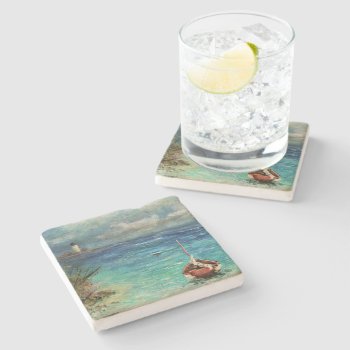 Stone Coaster Sailboat On Beach With Light House by SailingHideAway at Zazzle