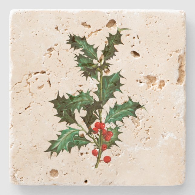STONE COASTER : VINTAGE CHRISTMAS HOLLY (Front)