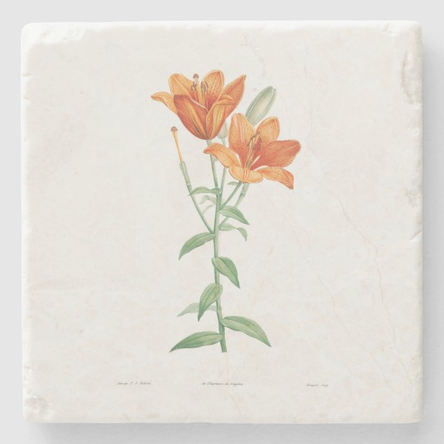 STONE COASTER WITH BOTANICAL ORANGE LILY: REDOUTÉ (Front)