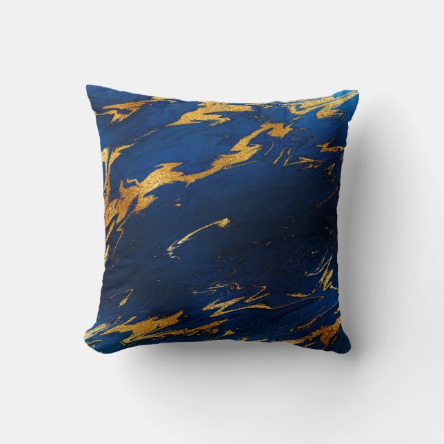 Stone Cobalt Blue Earth Tones Gold Marble Throw Pillow (Front)