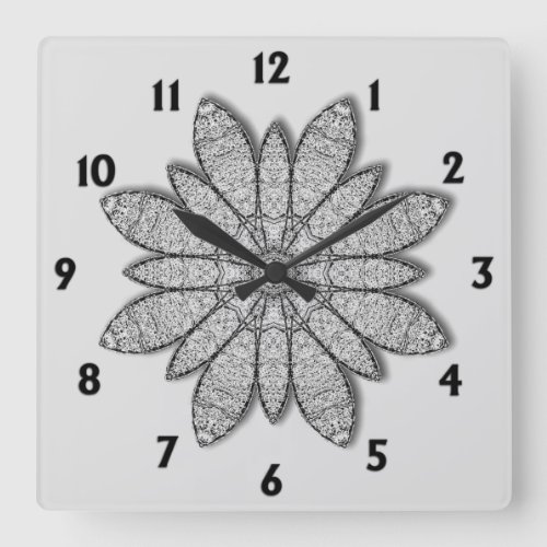 Stone Flower w Black Numbers Square Wall Clock