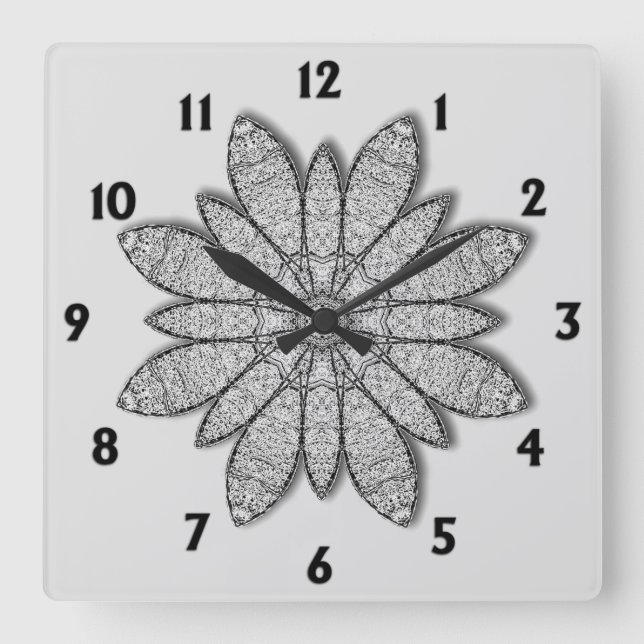 Stone Flower w/ Black Numbers Square Wall Clock (Front)