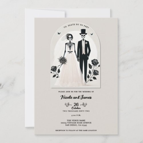 Stone Gray Black Skeleton Gothic Halloween Wedding Invitation