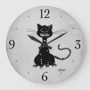 Stone Gray Ragged Evil Black Cat Large Clock