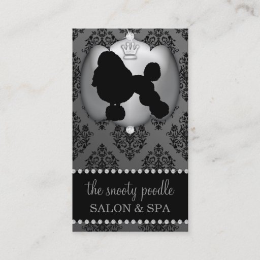 Customizable Stone Grey Jeweled Damask Dog Grooming/Spa Business Cards