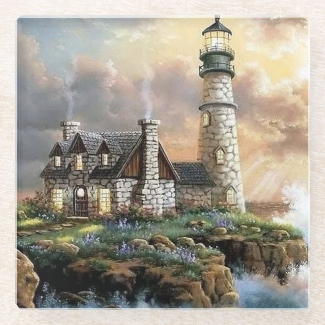 Stone Lighthouse Fine Art Glass Coaster (Front)