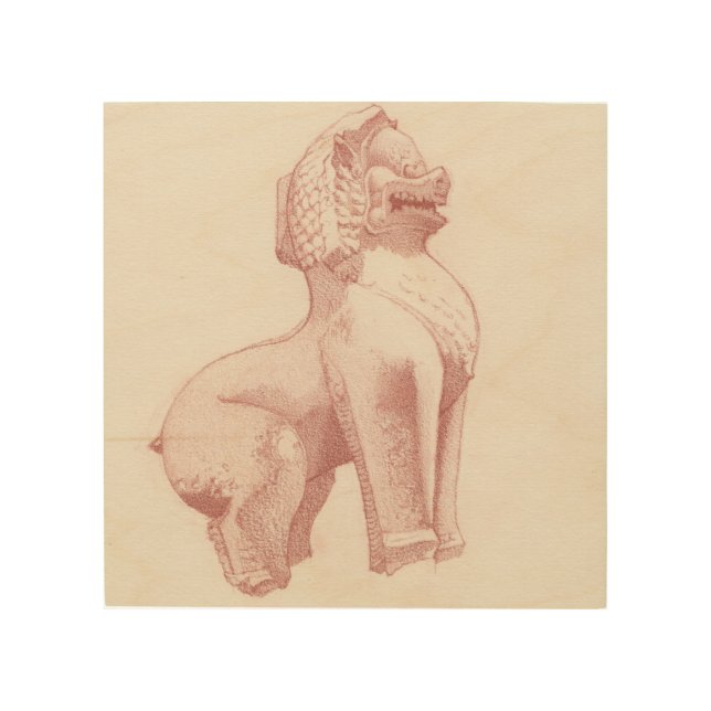 Stone Lion Guardian Statue Wood Wall Art (Front)