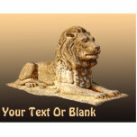 Stone Lion Statuette<br><div class="desc">A tan and brown rendering of a carved stone lion on a background of the same colors. Add your own text.</div>