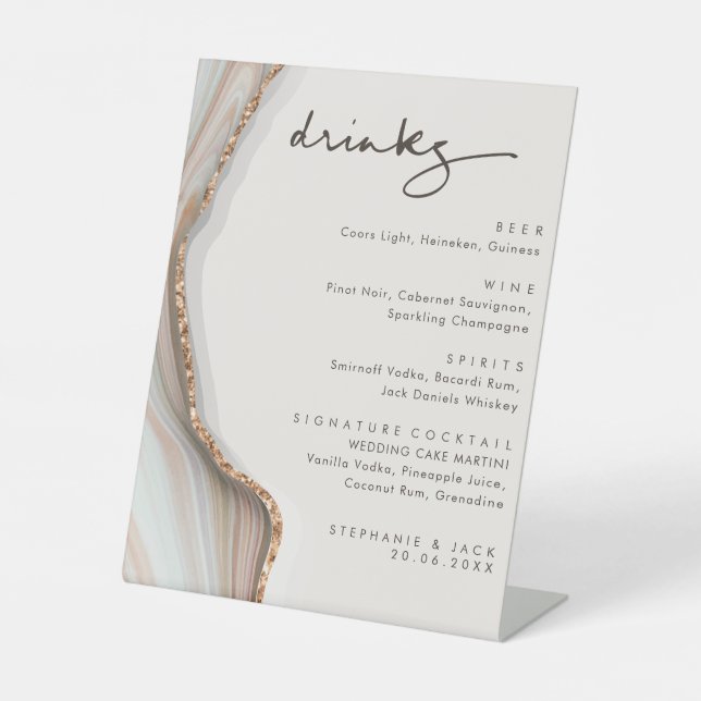 Stone Marble Agate Wedding Drinks Bar Menu Pedesta Pedestal Sign (Front)
