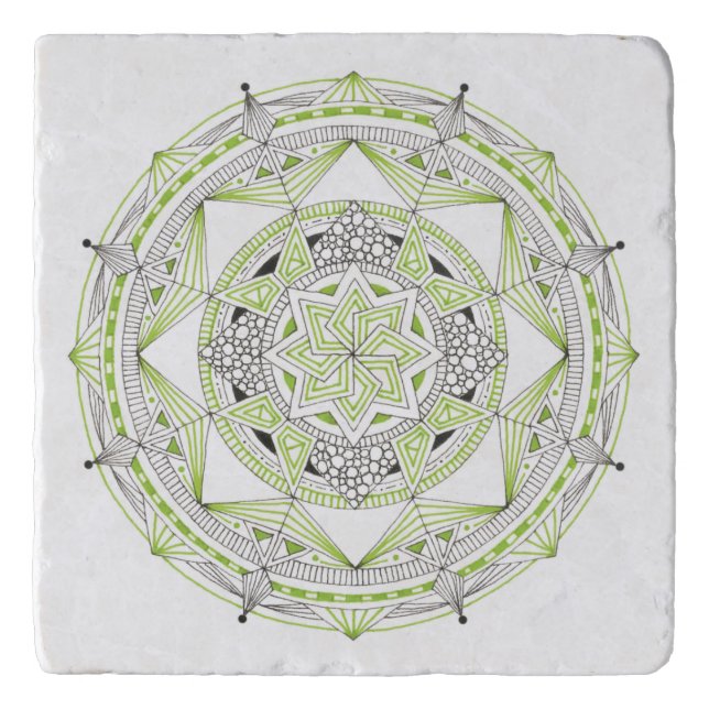 Stone Marble Trivet with Mandala Design Green (Front)