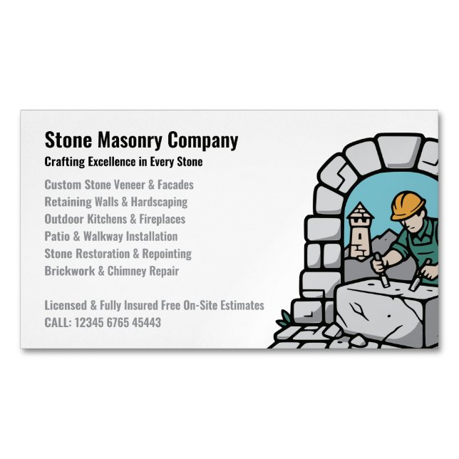 Stone Masonry Company Services Logo Business Card Magnet (Front)