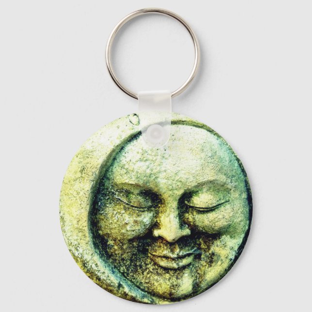 Stone moon and sun face crescent  green gray keychain (Front)