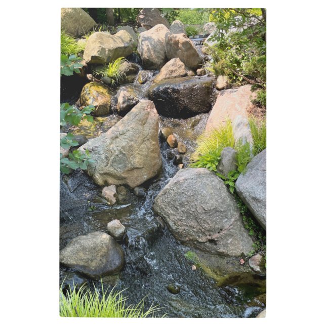 Stone river bed |  waterfall | forest greenery metal print (Front)