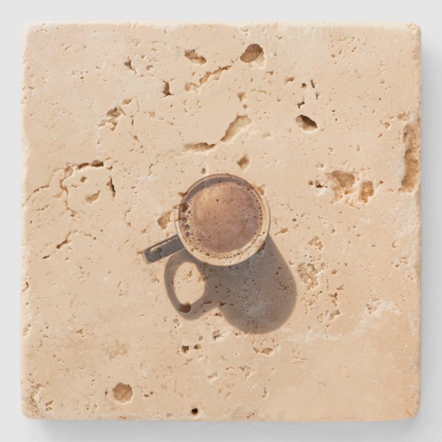 Stone travertine tan coaster w/ coffee image (Front)