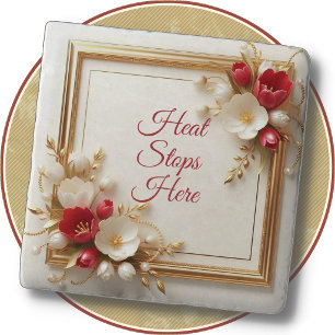 Stone TRIVET - Crimson & White Flowers