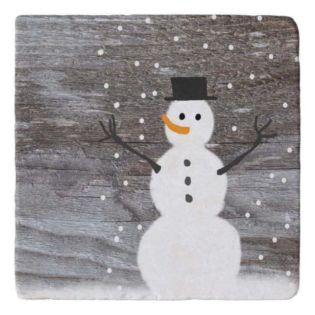 Stone trivet or gift  rustic Christmas snowman (Front)