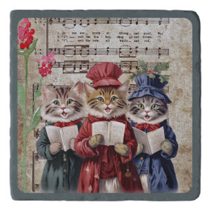 Stone TRIVET -Three Kitten Christmas Carrolers