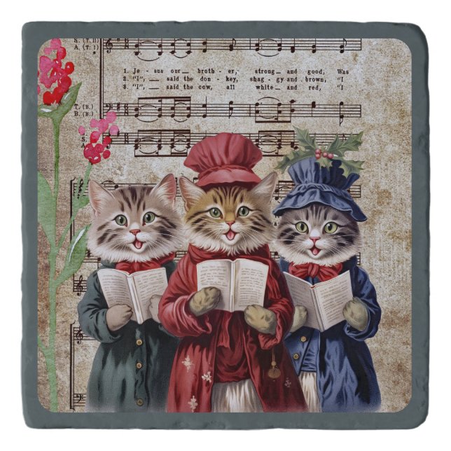 Stone TRIVET -Three Kitten Christmas Carrolers (Front)