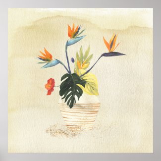 Stone Vase with Tropical Flowers Watercolors