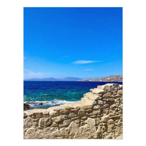 Stone Wall and Blue Waters of Mykonos Greece Photo Print