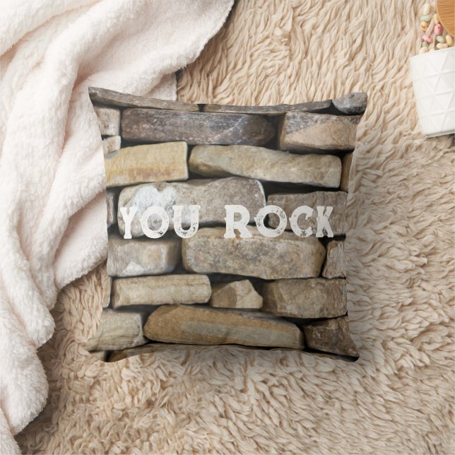 Stone Wall Stacked Rocks You Rock Custom Text Throw Pillow (Blanket)