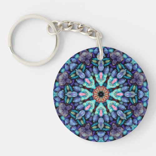 Stone Wonder  Vintage Blue Fractal Kaleidoscope Keychain