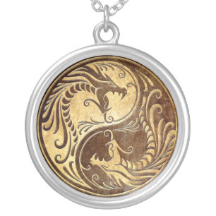 Stone Yin Yang Dragons Silver Plated Necklace
